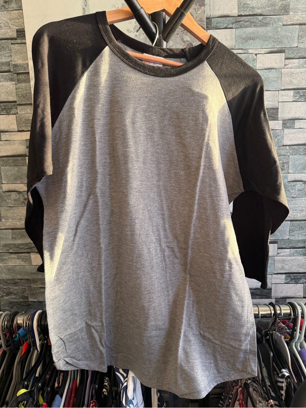 LuLaRoe Women's Two-Tone Black and Gray Raglan Tee